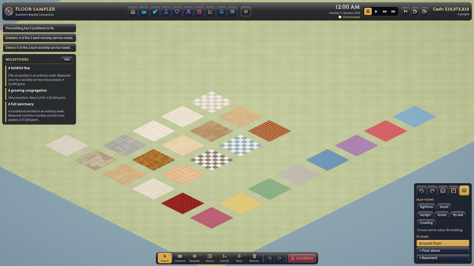 Every floor, a patch of each: the carpets, then tile (plain with grout, chequered, terracotta, blue and white), wood (oak, maple, and walnut boards, and parquet), stone (flags, slate, limestone, marble), and concrete.
