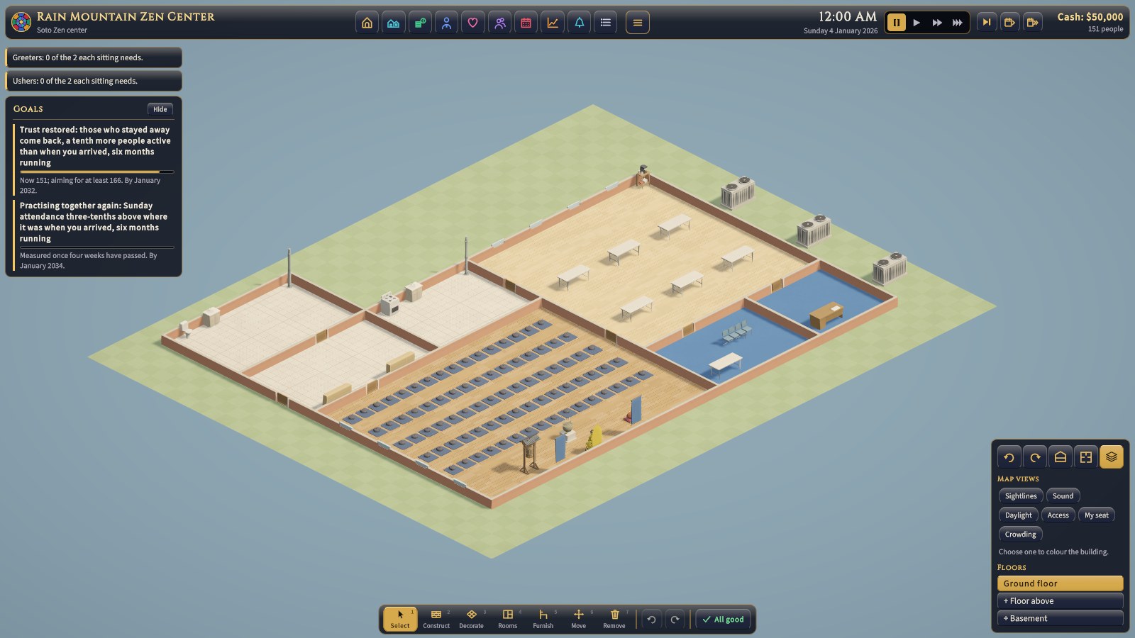 Rain Mountain Zen Center: the meditation hall, the dining hall and kitchen, the library, and the teacher's empty room.