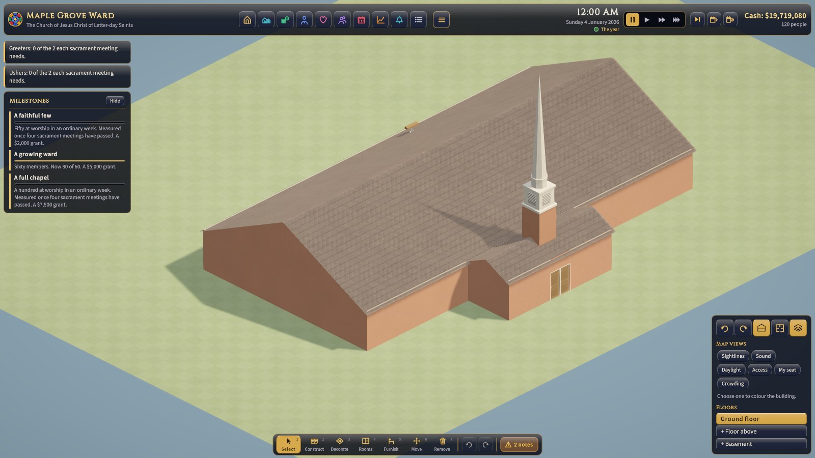 Maple Grove Ward's meetinghouse in brick, under a plain spire with no cross and no bells.